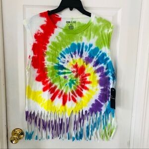NWT ON FIRE tie-dye fringe swirl 70s hippie cotton festival style top size XL